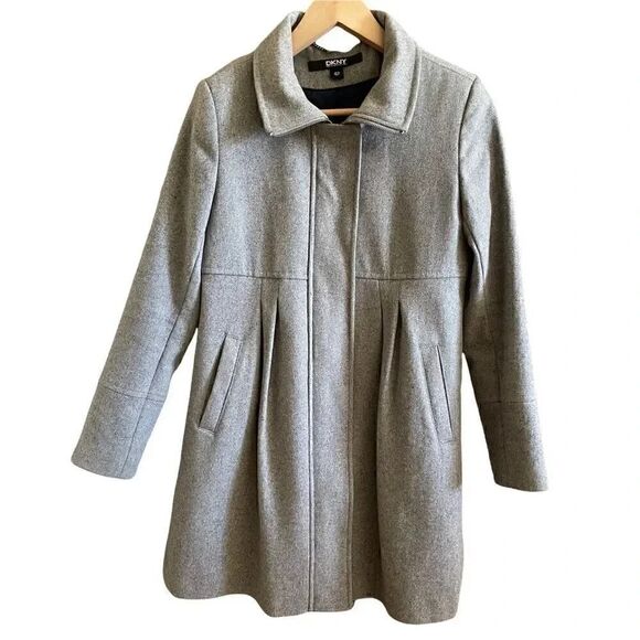 DKNY Gray Plain Peter Pan Collar Relaxed Woolen Coat Sz 4 - Picture 1 of 7